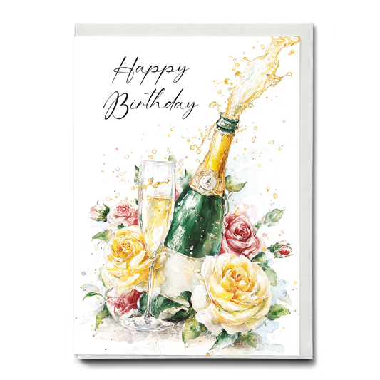Happy Birthday (champagne bottle and Yellow and red roses) - Greeting Card