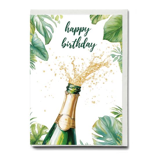 Happy Birthday (champagne bottle and Tropical leaves) - Greeting Card
