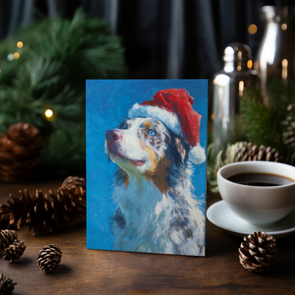 Australian shepherd wearing Christmas hat - Greeting Card
