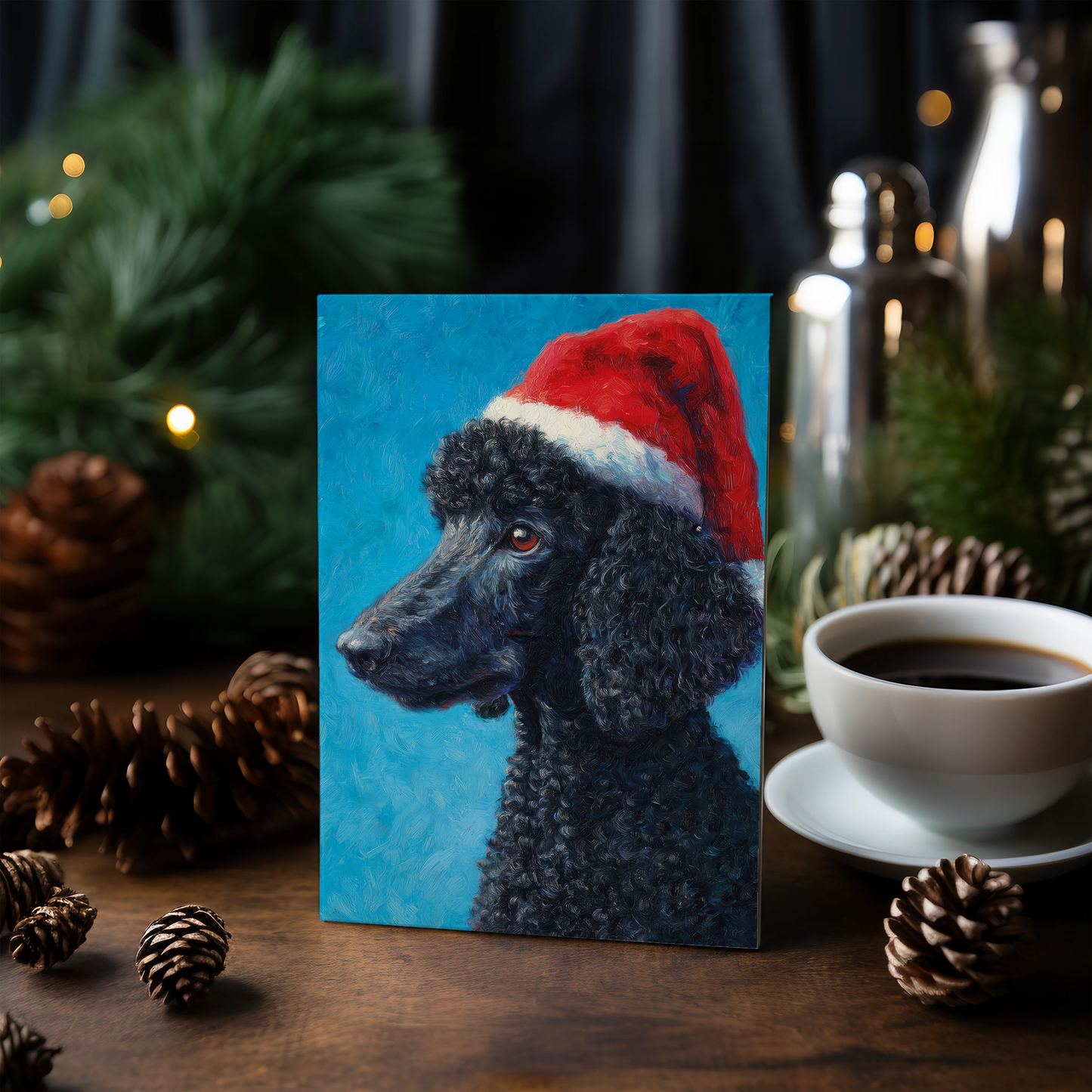 Black Poodle wearing Christmas hat - Greeting Card