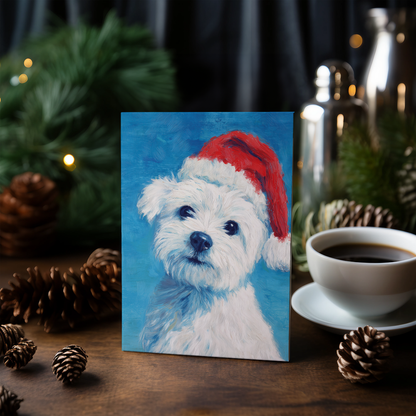 Maltese wearing a Christmas hat - Greeting Card