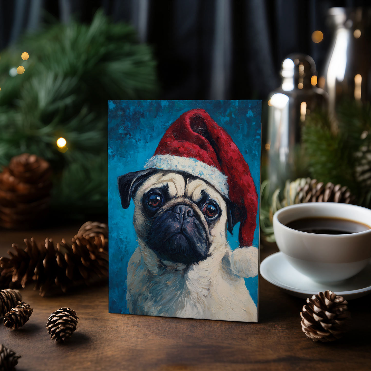 Pug wearing a Christmas hat - Greeting Card