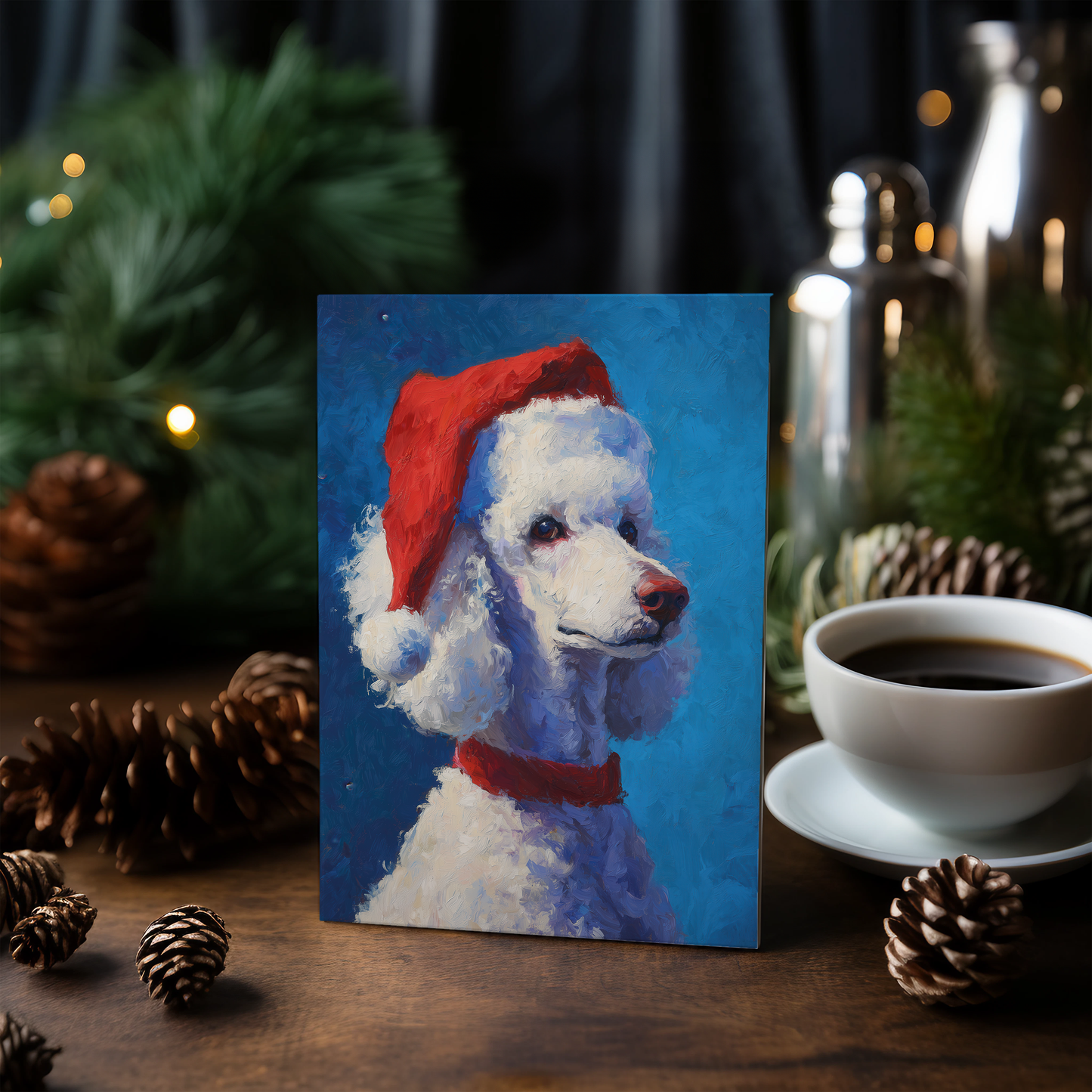 white Poodle wearing Christmas hat - Greeting Card