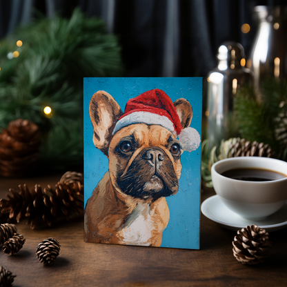 Brown french bulldog wearing Christmas hat - Greeting Card