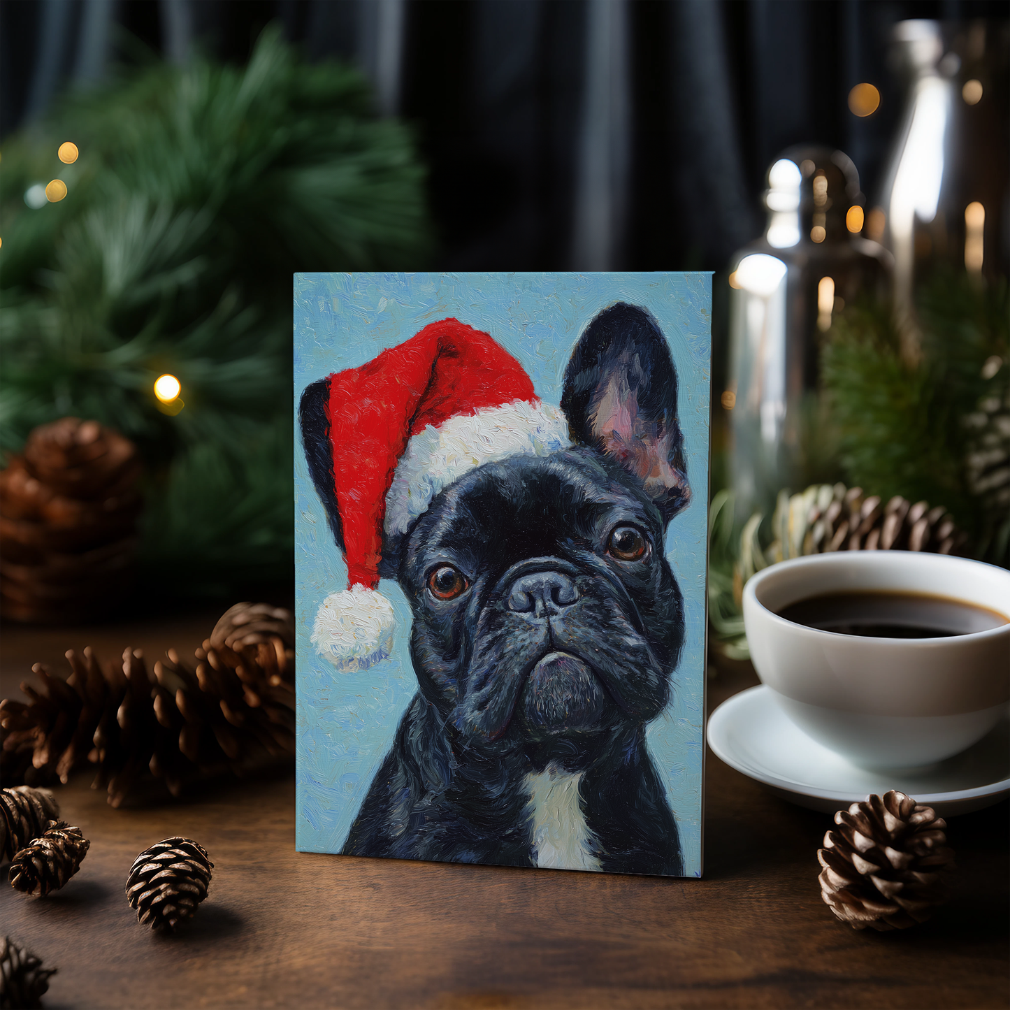 Black french bulldog wearing Christmas hat - Greeting Card
