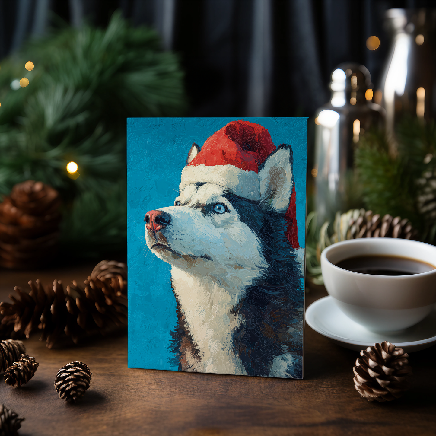 Husky wearing Christmas hat - Greeting Card