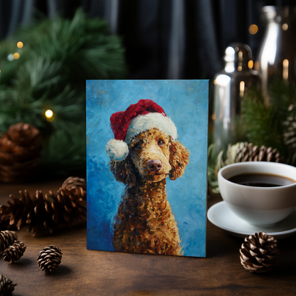 Brown Poodle wearing Christmas hat - Greeting Card