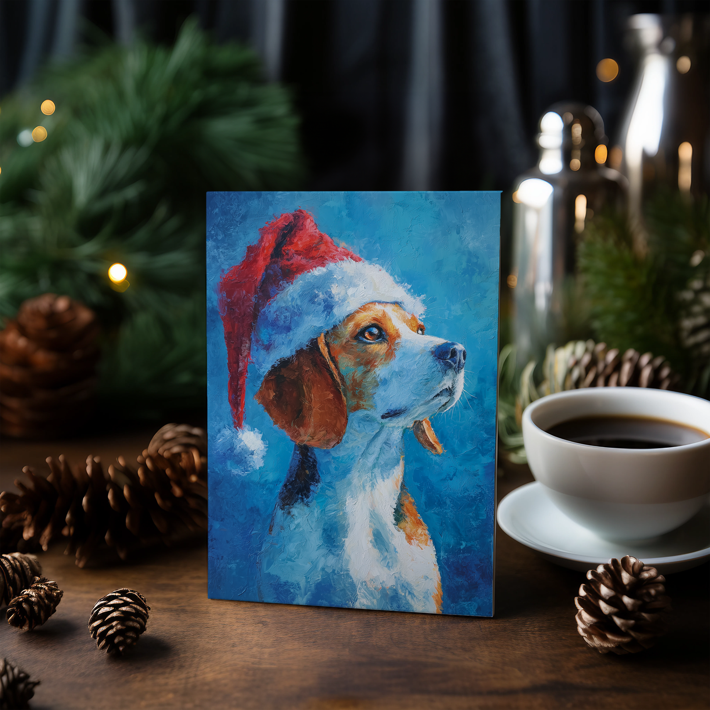 Beagle wearing Christmas hat - Greeting Card