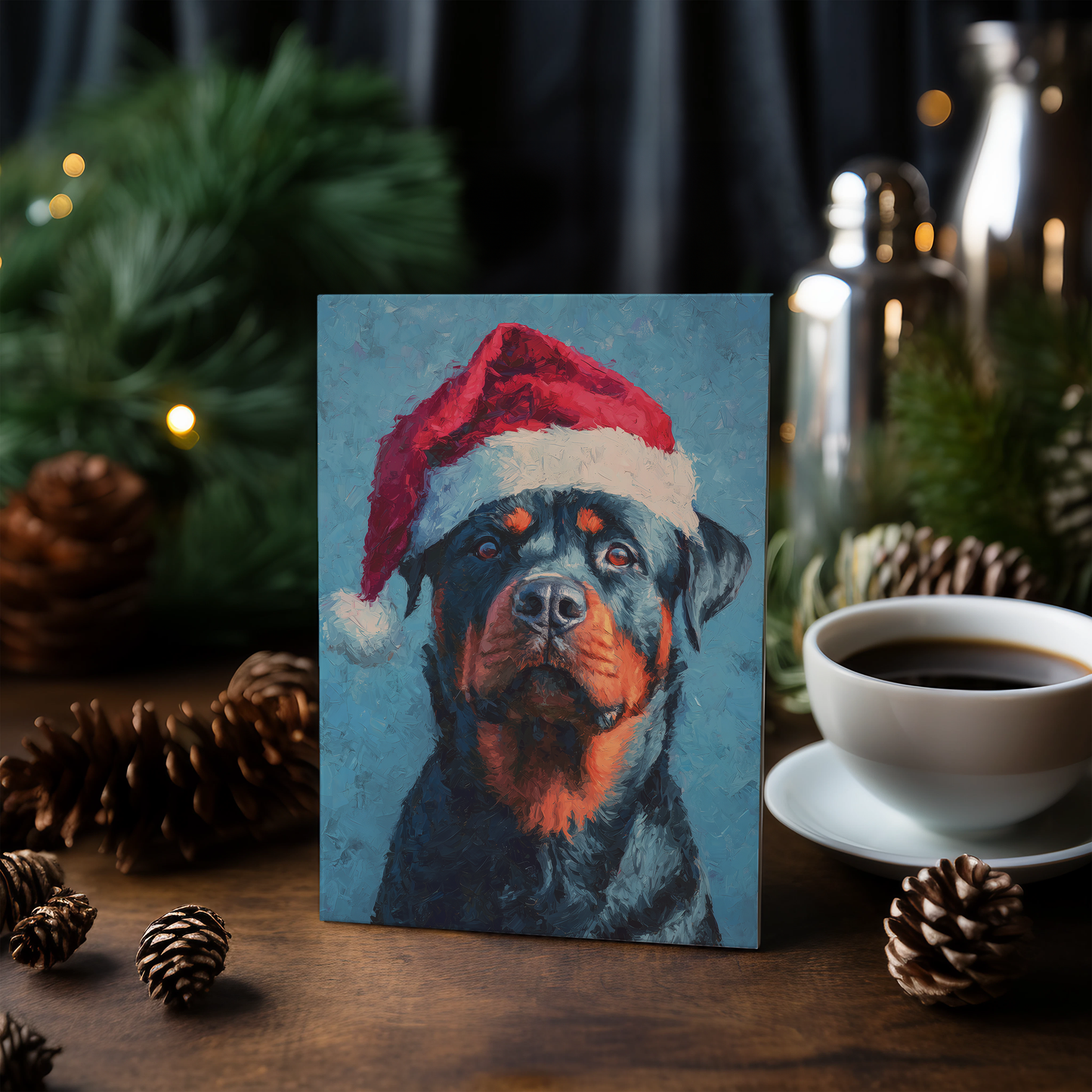 Rottweiler wearing Christmas hat - Greeting Card