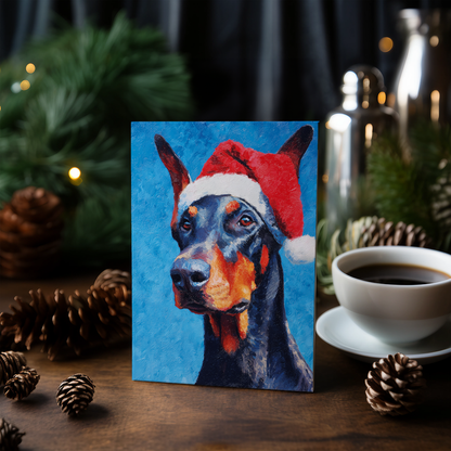 Dobermann wearing Christmas hat - Greeting Card