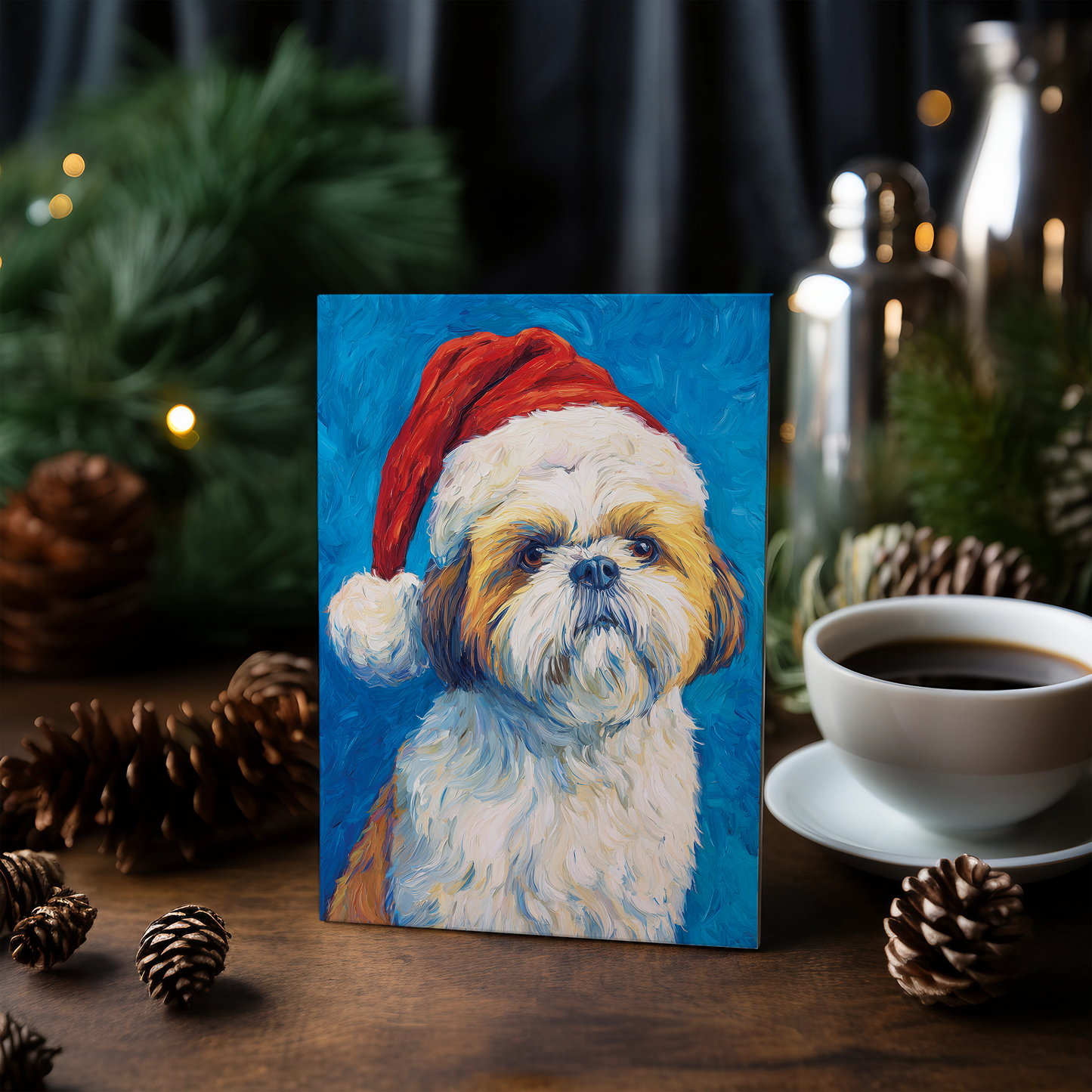 Shih tzu wearing Christmas hat - Greeting Card