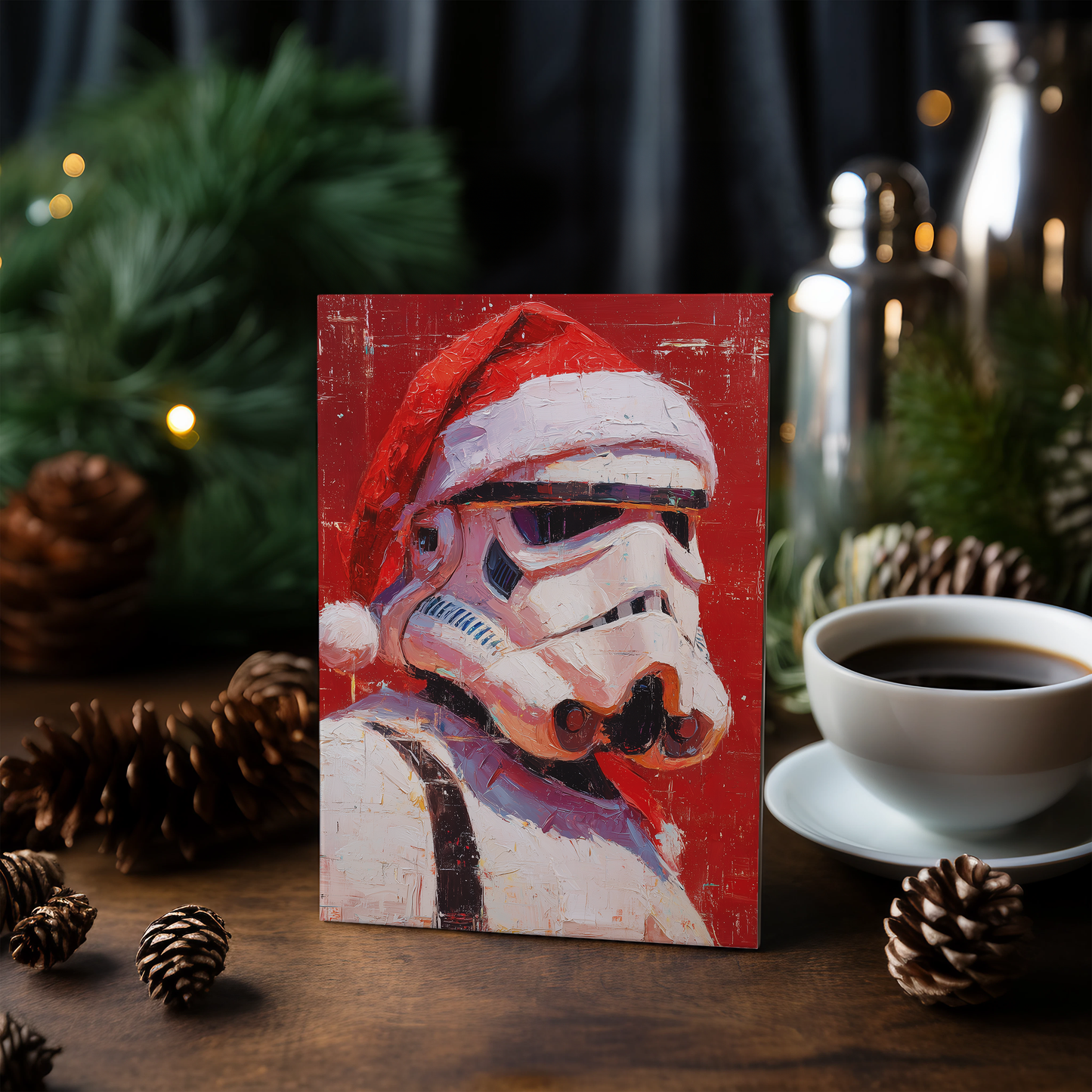 Storm Trooper wearing Christmas hat - Greeting Card