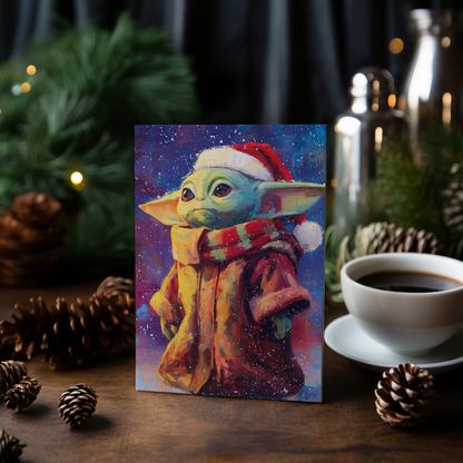 Little baby Yoda wearing Christmas hat - Greeting Card
