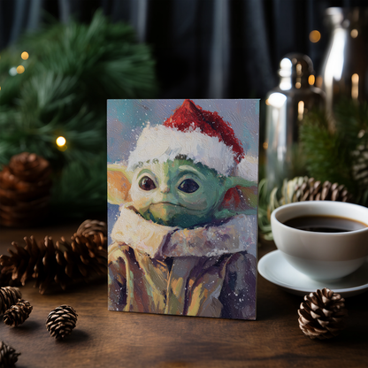 Baby Yoda wearing Christmas hat - Greeting Card