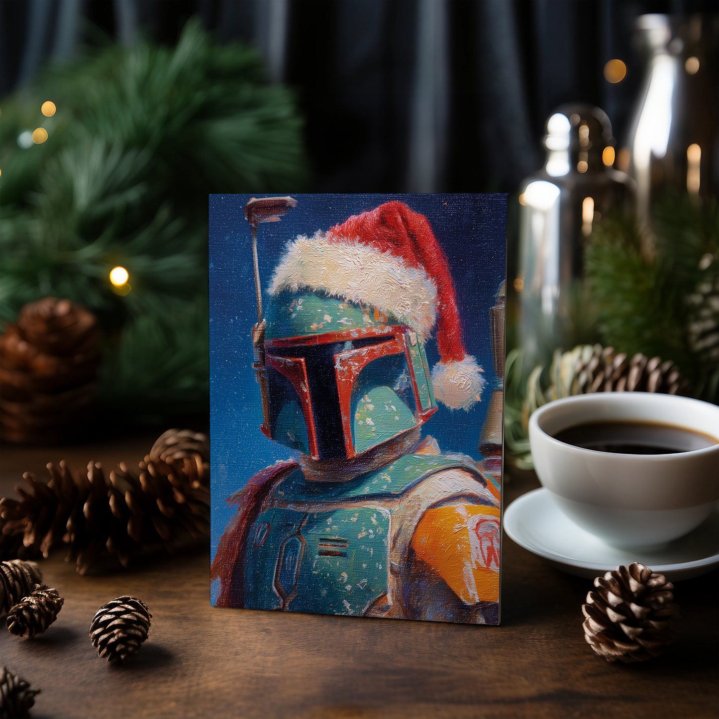 Boba Fett wearing Christmas hat - Greeting Card