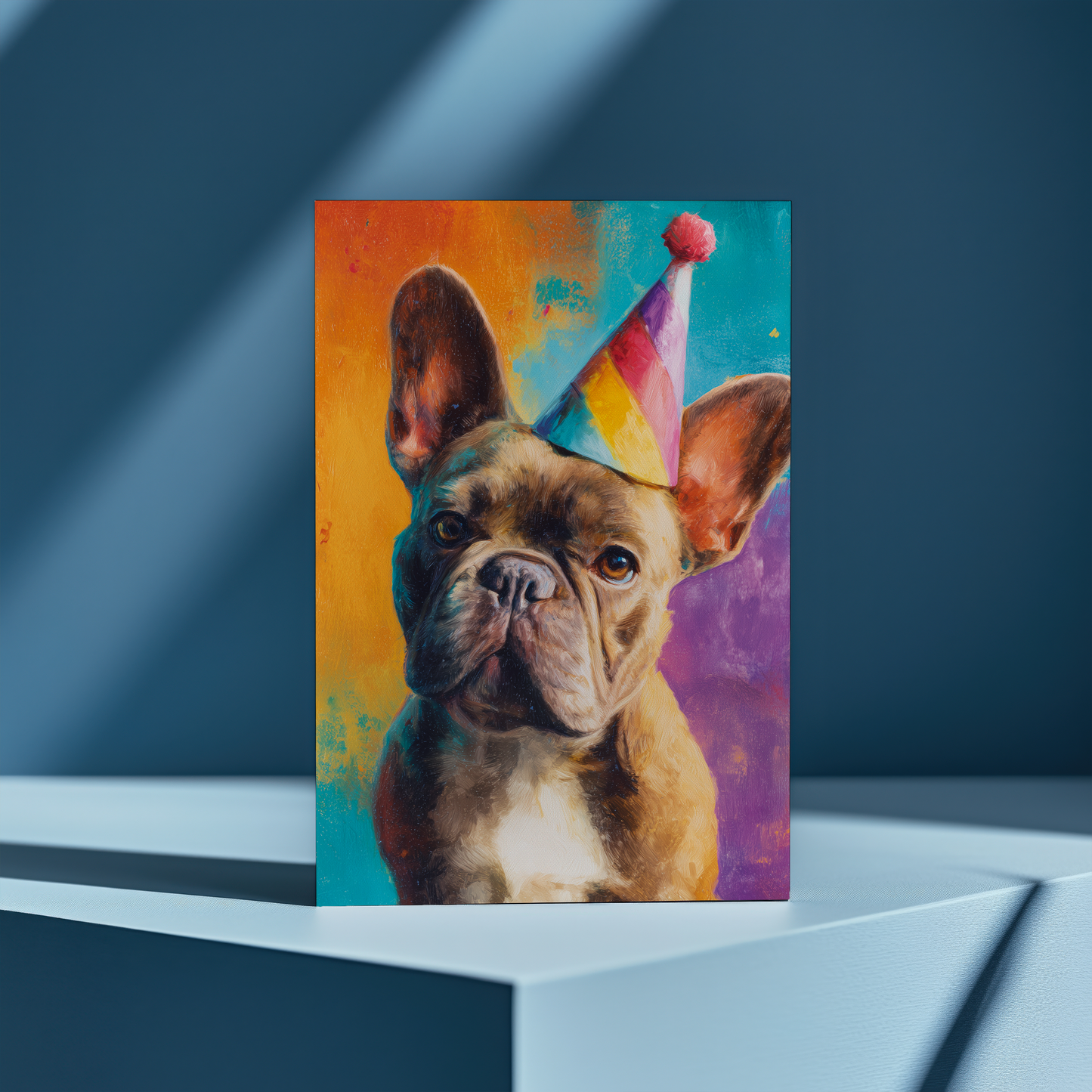 Brown french bulldog wearing a party hat - Greeting Card