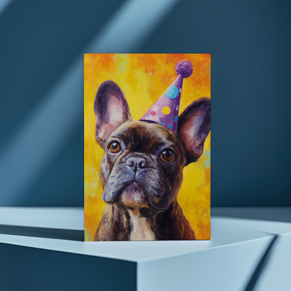 Black and white french bulldog wearing a party hat - Greeting Card