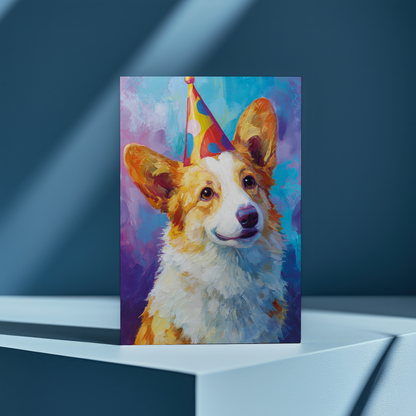Corgi wearing a party hat - Greeting Card