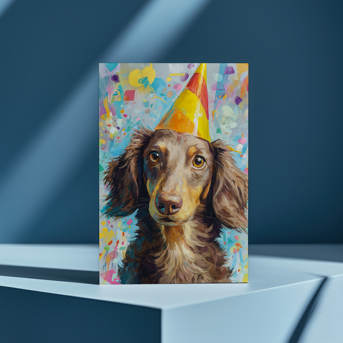 Long haired dachshund wearing a party hat - Greeting Card