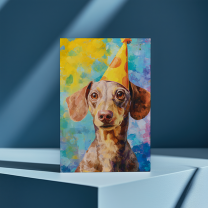 Dachshund wearing a party hat - Greeting Card