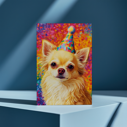 Long haired chihuahua wearing a party hat  - Greeting Card