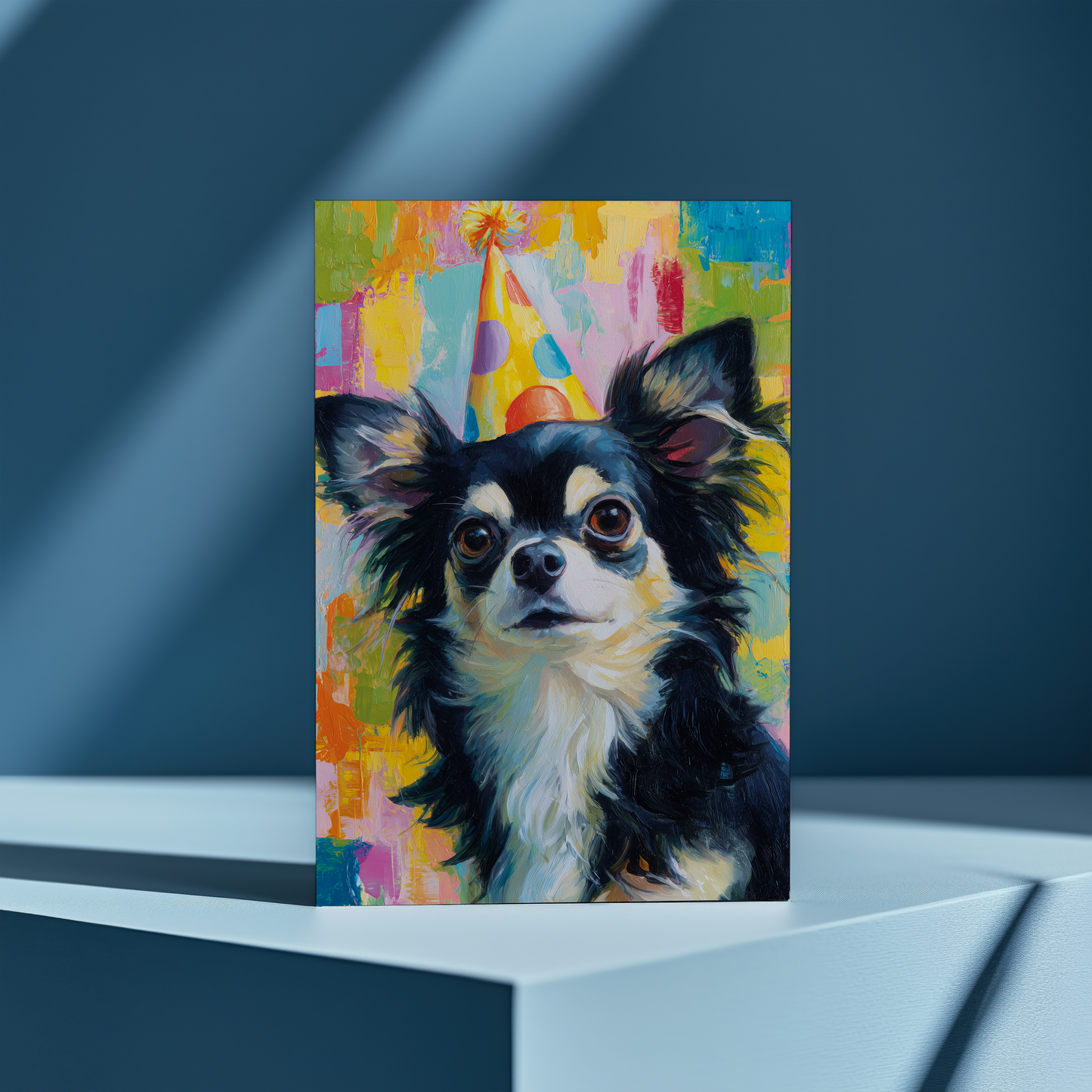 Long haired chihuahua wearing a party hat II - Greeting Card