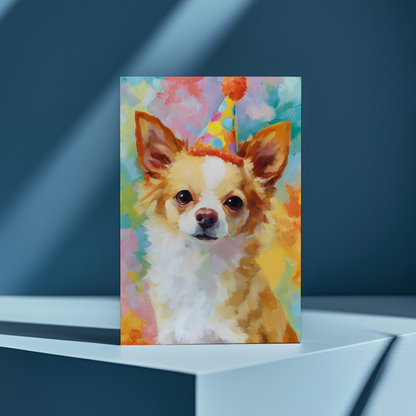 Long haired chihuahua wearing a party hat III - Greeting Card