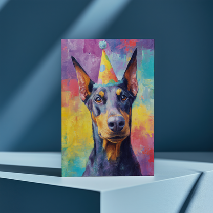 Dobermann wearing a party hat  - Greeting Card