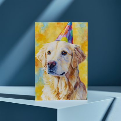 Golden retriever wearing a party hat  - Greeting Card