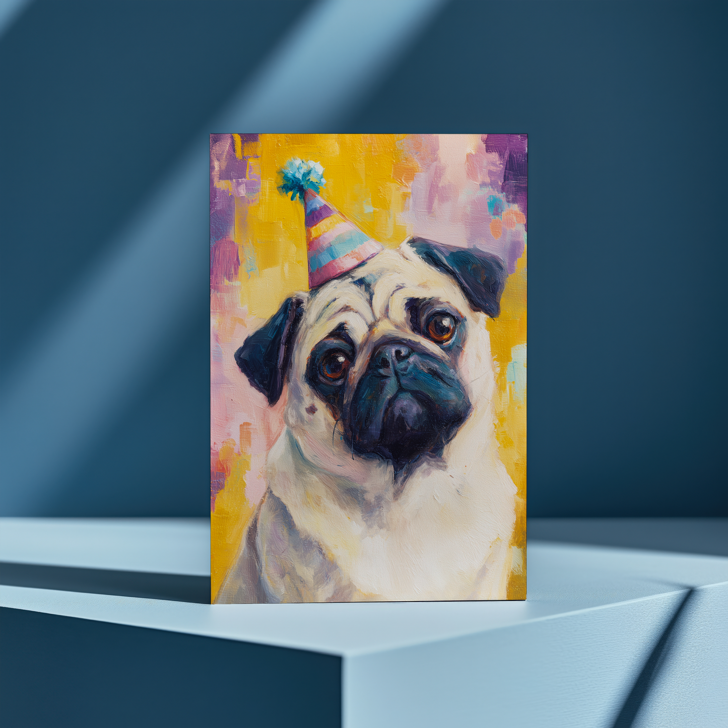 Pug wearing a party hat - Greeting Card