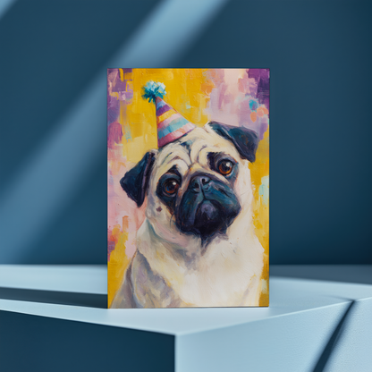 Pug wearing a party hat - Greeting Card
