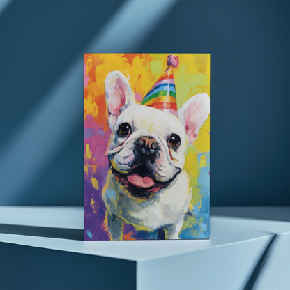 White french bulldog wearing a party hat - Greeting Card