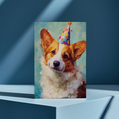 Little Corgi wearing a party hat - Greeting Card