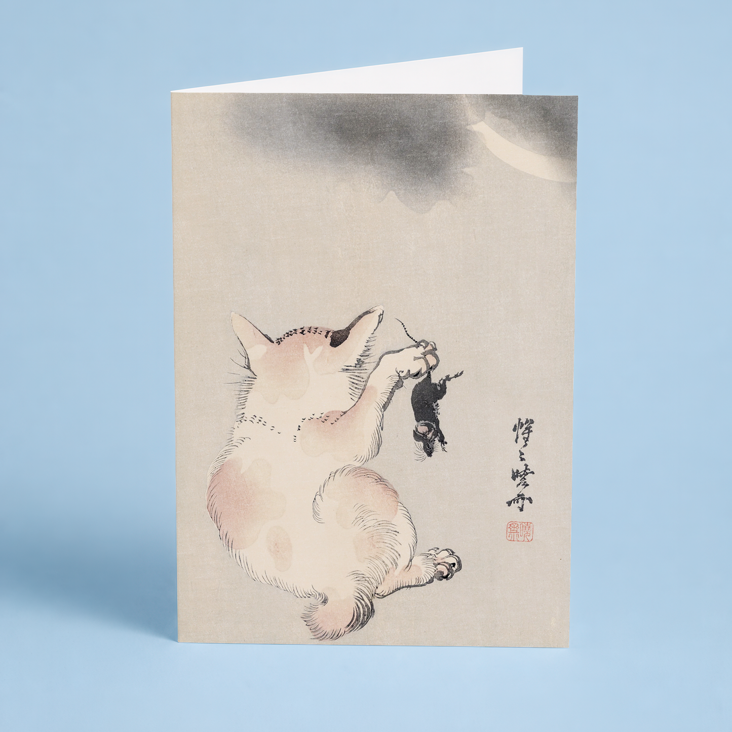 Cat with Mouse beneath a Cloudy Moon - Greeting Card