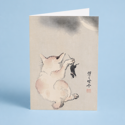 Cat with Mouse beneath a Cloudy Moon - Greeting Card