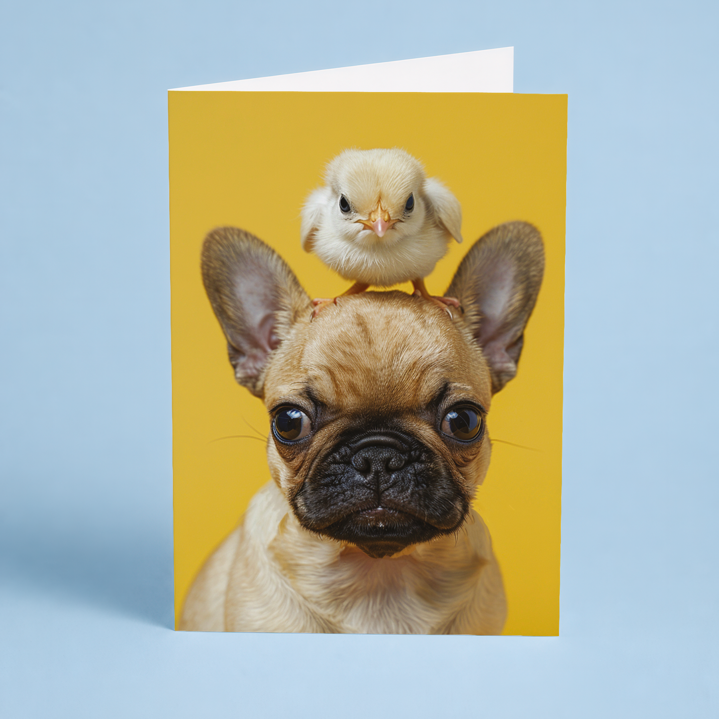 French Bulldog puppy with little chick - Greeting Card