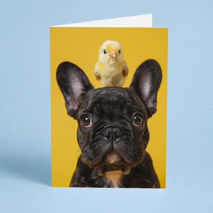 French Bulldog with little chick - Greeting Card