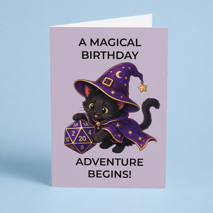 A magical birthday adventure begins! (Cat & Dice) - Greeting Card