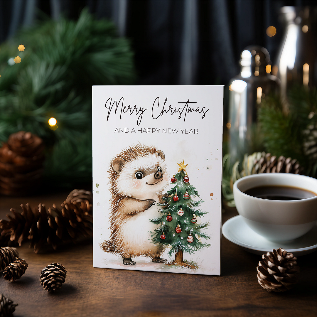 Merry Christmas & a happy new year hedgehog - Greeting Card