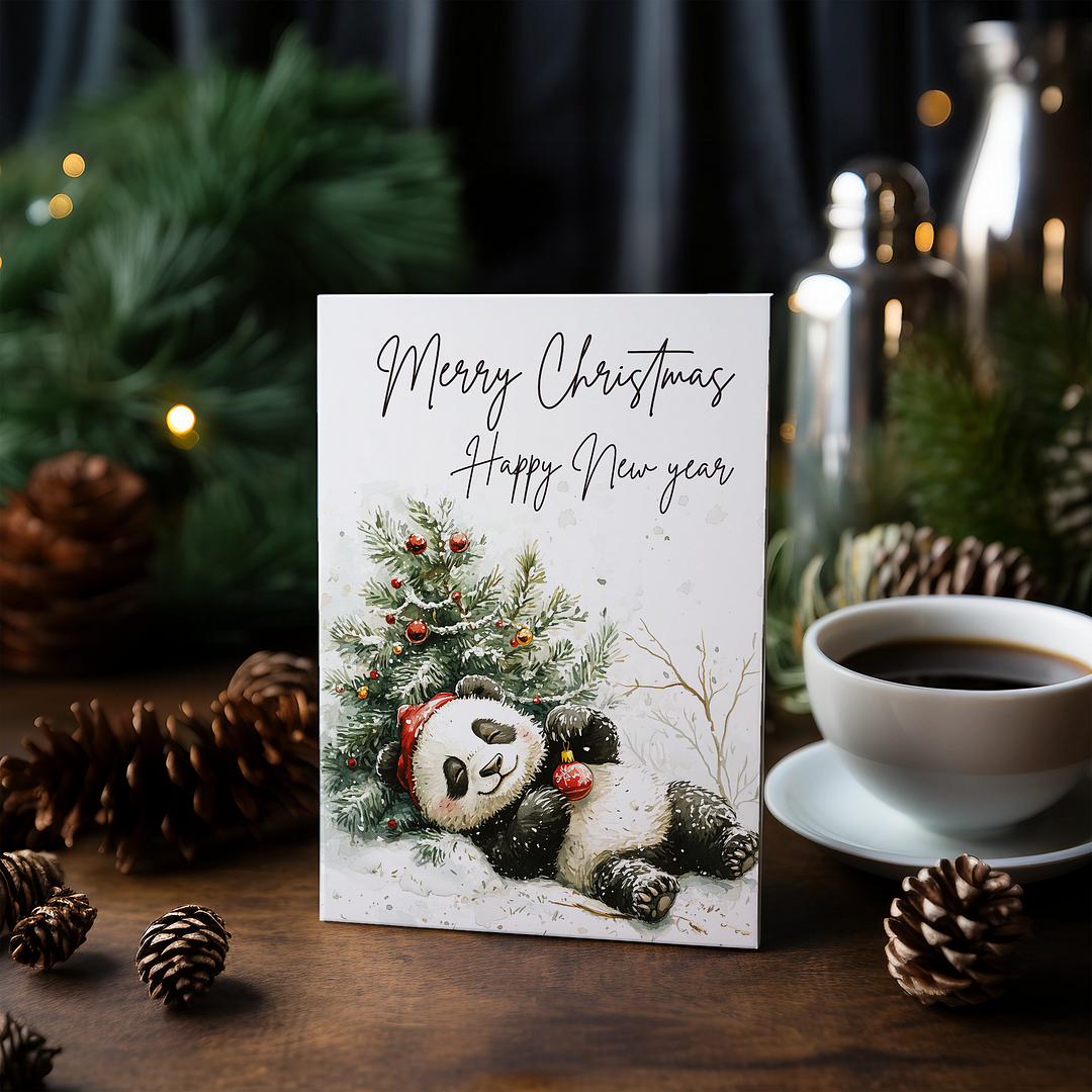 Merry Christmas happy new year sleeping panda - Greeting Card