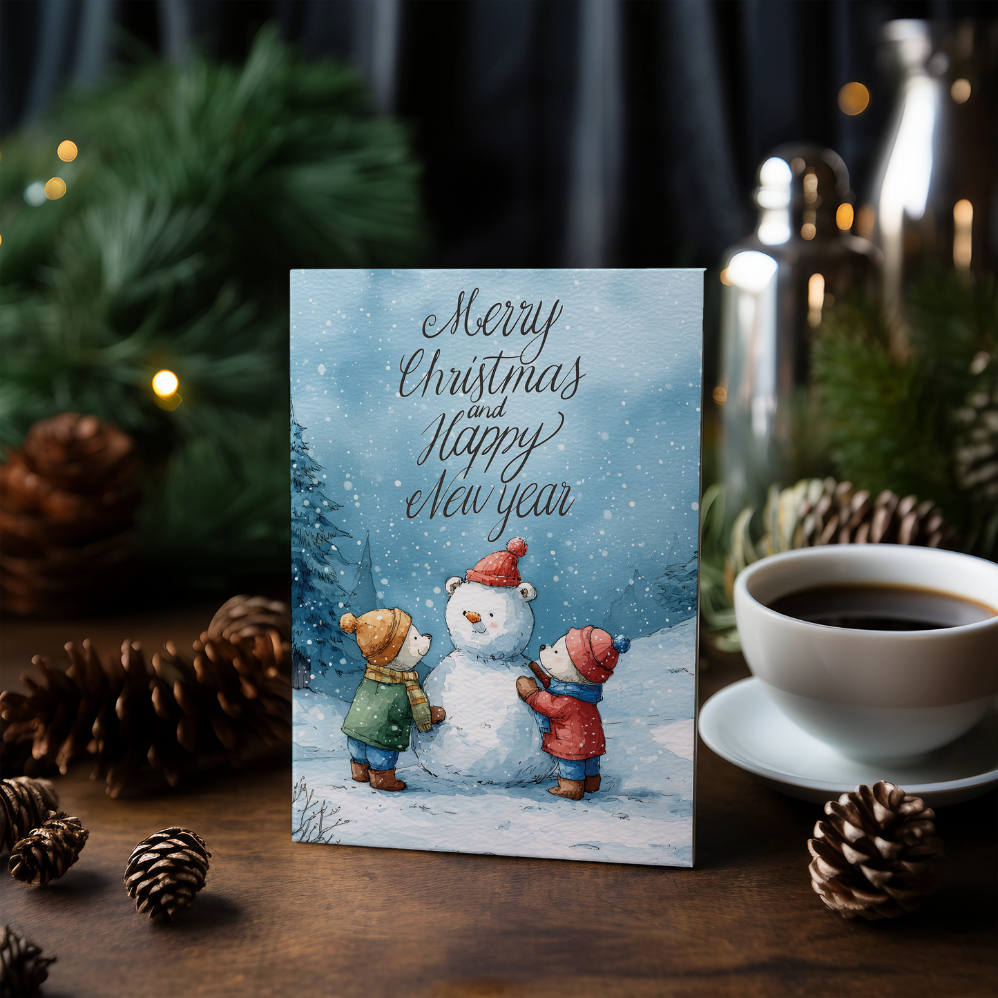 Bears building a snow man - Greeting Card