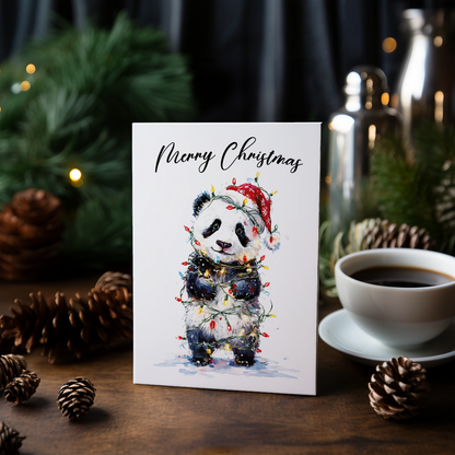 Cute panda tangles in Christmas lights - Greeting Card