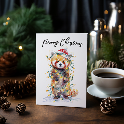 Cute red panda tangles in Christmas lights - Greeting Card