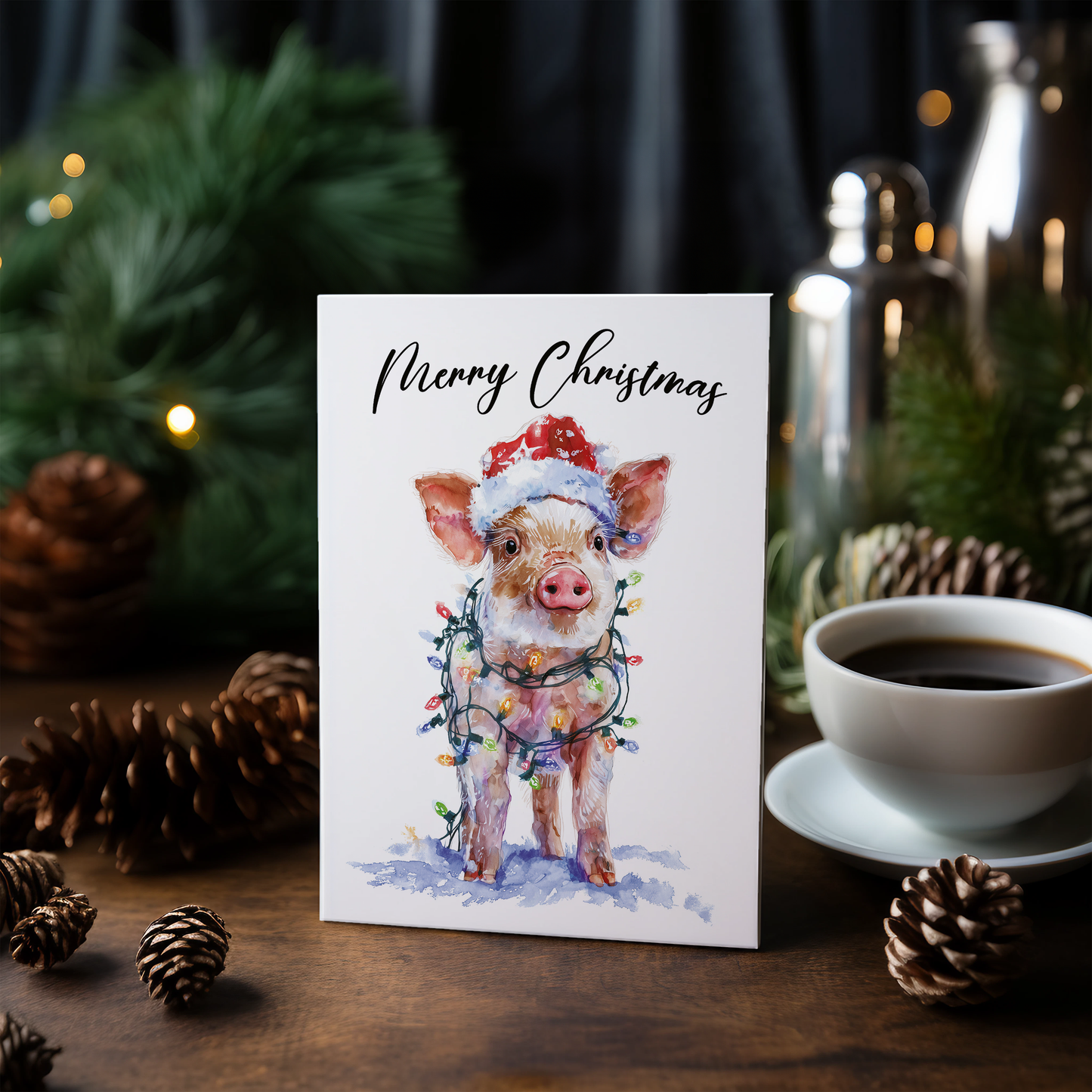 Cute pig tangles in Christmas lights - Greeting Card