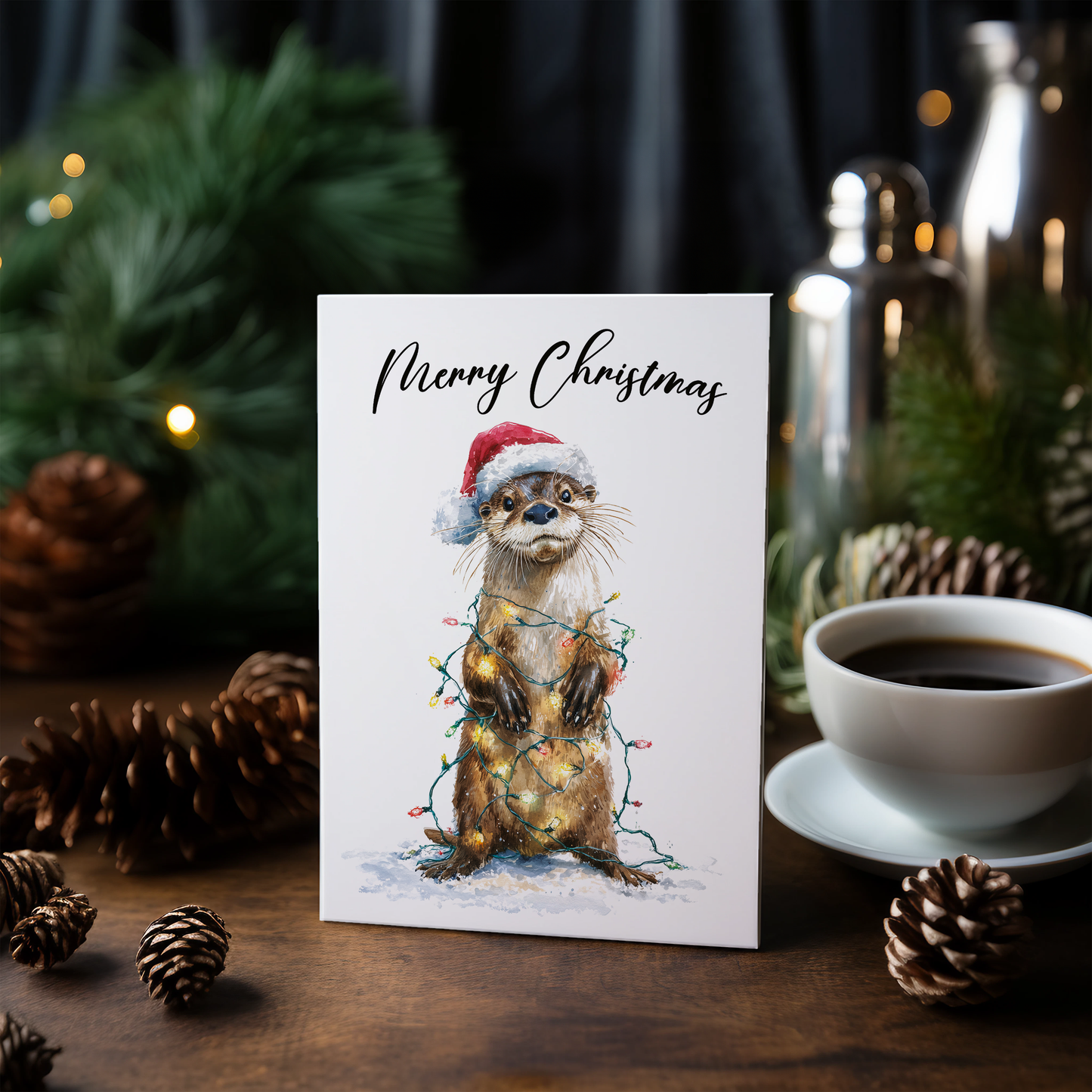 Cute otter tangles in Christmas lights - Greeting Card