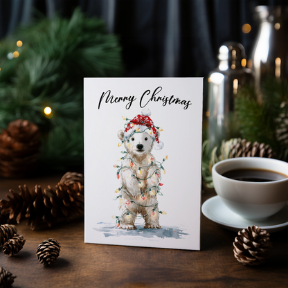 Cute polar bear tangles in Christmas lights - Greeting Card
