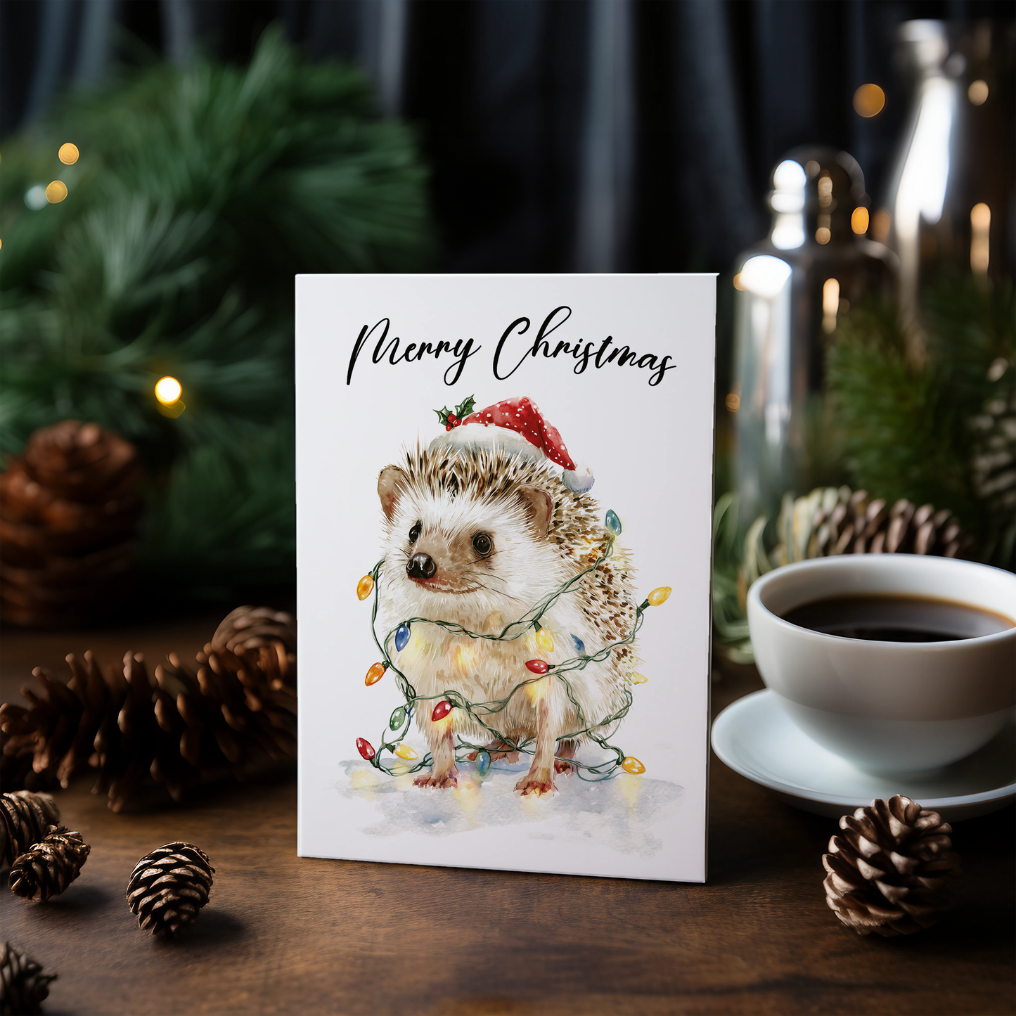 Cute hedgehog tangles in Christmas lights - Greeting Card