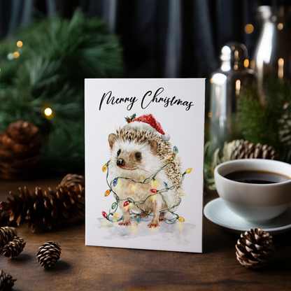 Cute hedgehog tangles in Christmas lights - Greeting Card