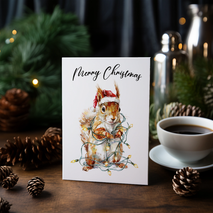 Cute squirrrel tangles in Christmas lights - Greeting Card