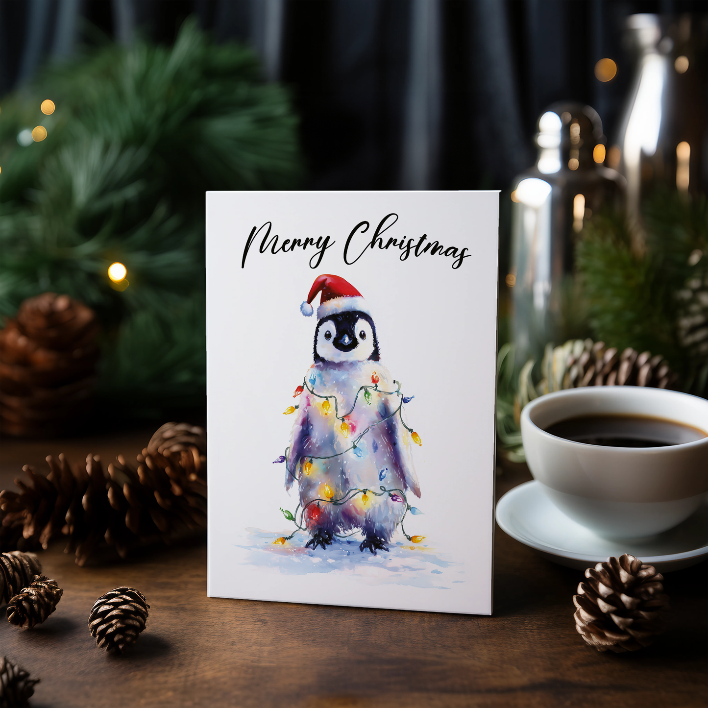Cute penguin tangles in Christmas lights - Greeting Card